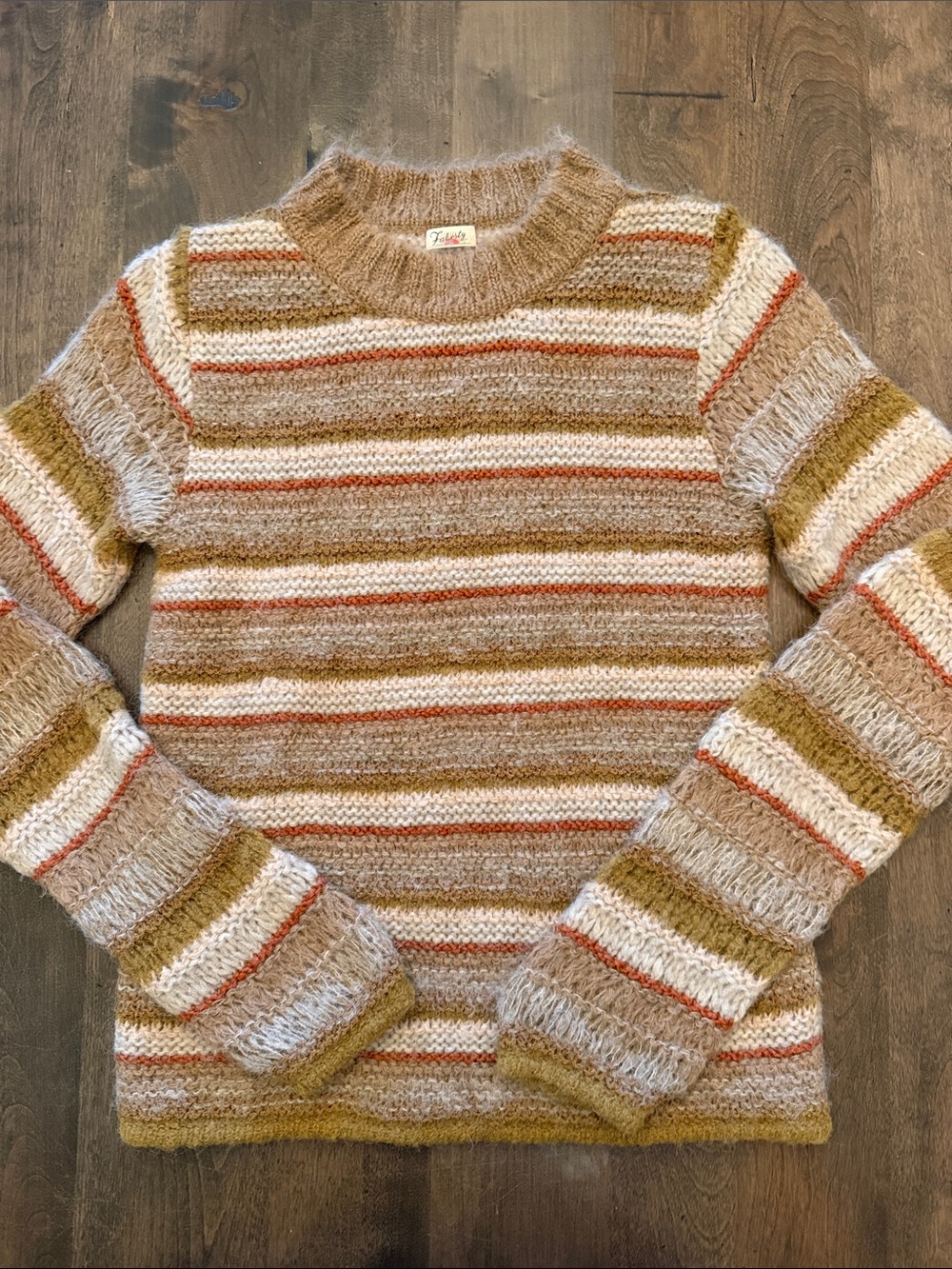 Faherty Mixed Yarn Autumn Stripe Alpaca Blend Sweater Ridgewood Brown Tan S
